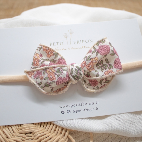 Headband nœud sergé de coton à fleurs framboise