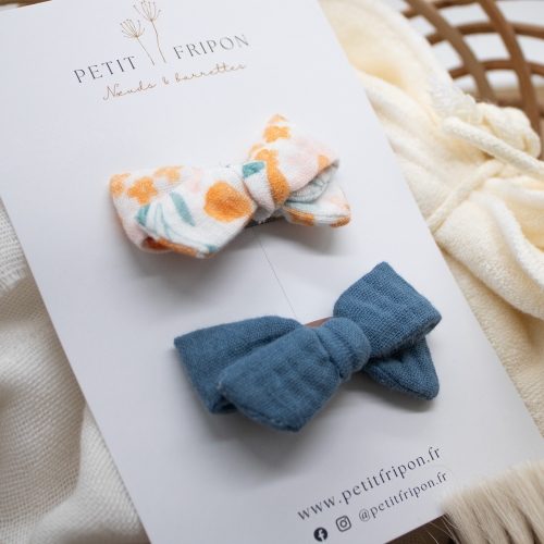 Duo de barrettes fleuri orange et bleu