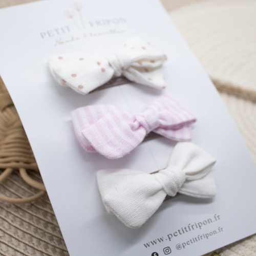 Trio de barrettes pois rayé rose uni blanc