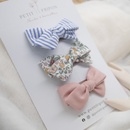 Trio de barrettes rayé bleu liberty vieux rose