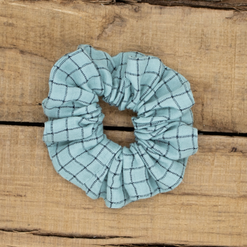 Chouchou turquoise à carreaux bleu marine – accessoire cheveux Petit Fripon