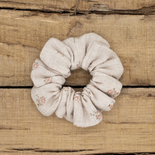 Chouchou en double gaze gris beige à petites fleurs roses – Petit Fripon