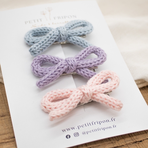 Lot de 3 barrettes nœuds en tricot pastel