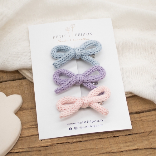 Lot de 3 barrettes nœuds en tricot pastel