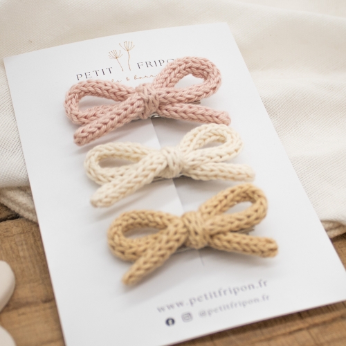 Lot de 3 barrettes nœuds en tricot neutres