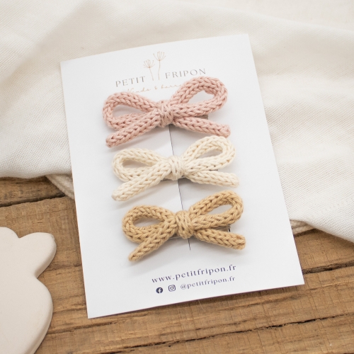 Lot de 3 barrettes nœuds en tricot neutres
