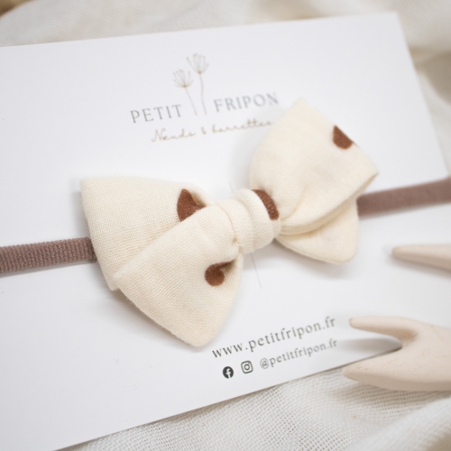 Headband nœud écru cœurs marrons