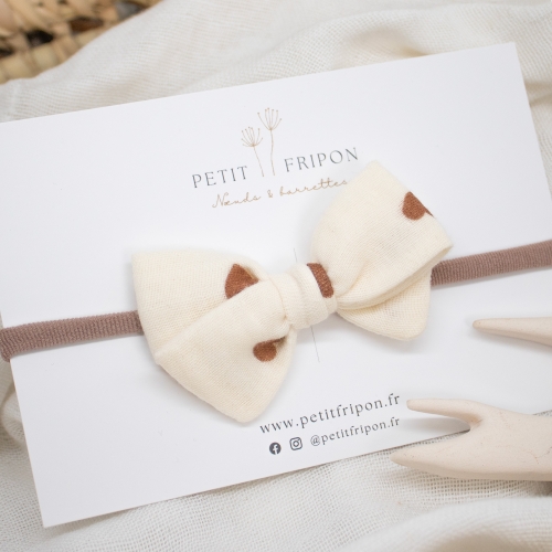 Headband nœud écru cœurs marrons