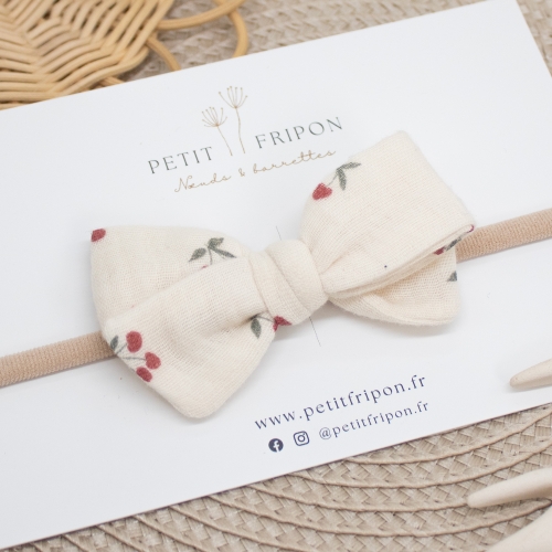 Headband nœud écru motif cerises