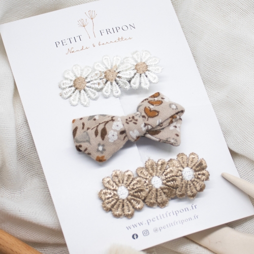 Lot de 3 pinces fleurs fleuri brun et blanc