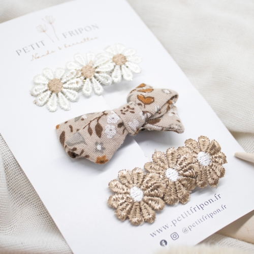 Lot de 3 pinces fleurs fleuri brun et blanc