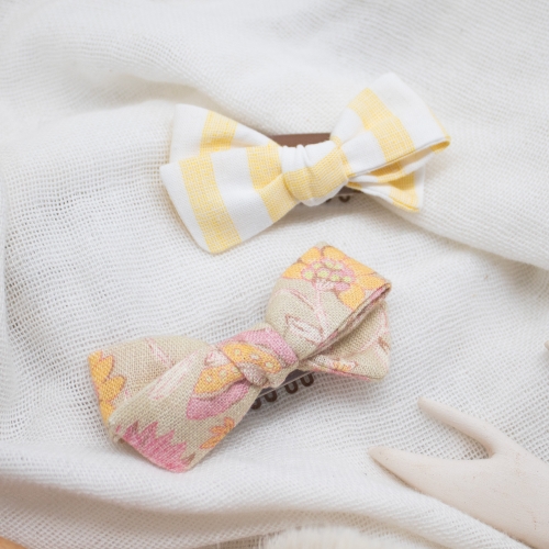 Duo de barrettes lin rayé jaune fleuri