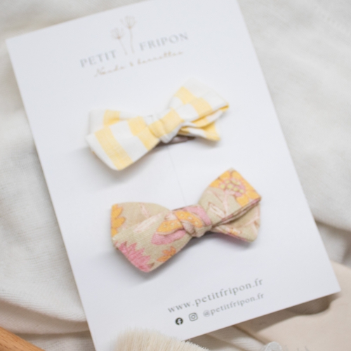 Duo de barrettes lin rayé jaune fleuri