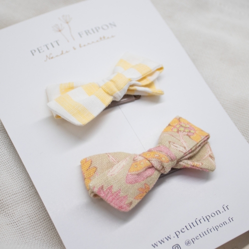 Duo de barrettes lin rayé jaune fleuri